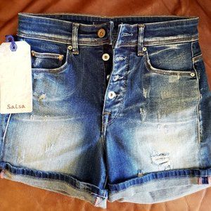 SALSA Denim Distressed Faded Button Fly Shorts NWT